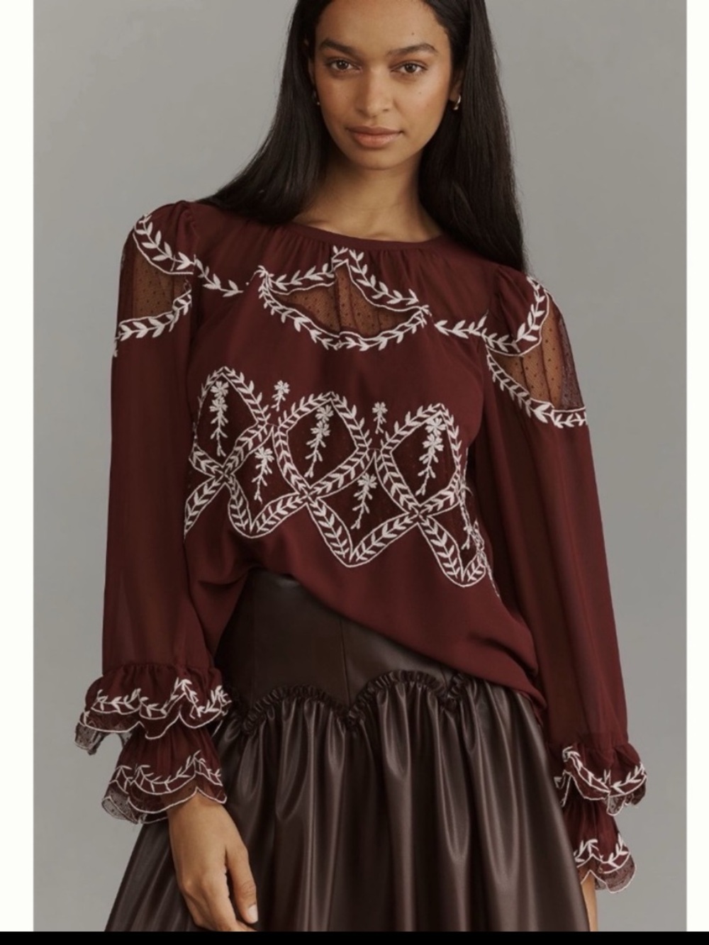 NWT Anthropologie Long-Sleeve Appliqué Embroidered Blouse in Wine, M